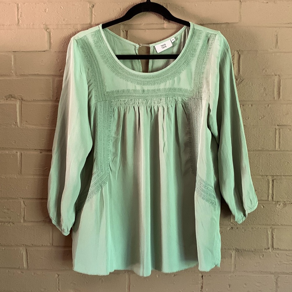 Gorgeous Moss Green / Teal Blouse with Embroidery and Real Shell Buttons